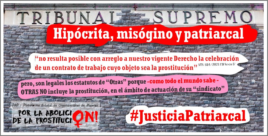 La absoluta parcialidad e hipocresía demostrada por el  Tribunal Supremo, pone de manifiesto la necesidad de una renovación en las cúpulas judiciales, que están plagadas de una cultura y un proceder misógino y patriarcal
#JusticiaPatriarcal
#AbolicionProstitucion