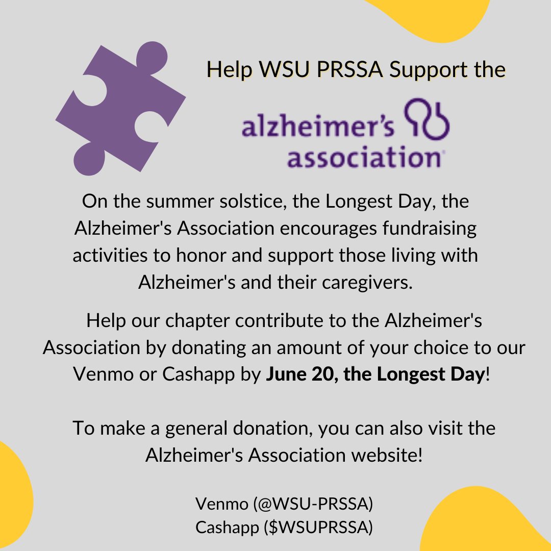 wsuprssa's tweet image. June is #alzheimersandbrainawarenessmonth. Leading up to June 20, #thelongestday, we will donate any incoming funds to the Alzheimer&apos;s Association so we can help #EndAlzheimers. If able, please help us contribute to their efforts!