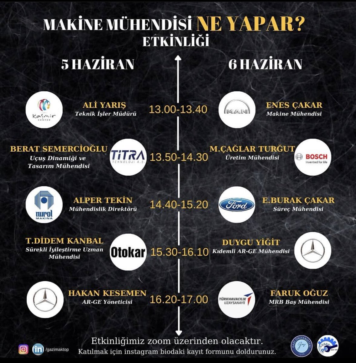 Gazi Üniversitesi Makine Mühendisliği topluluğu olarak online etkinliklerimiz başlıyor.
<a href="/Gazi_Universite/">Gazi Üniversitesi</a>  <a href="/SeyithanHerek/">Seyithan HEREK</a> <a href="/titrateknoloji/">TİTRA</a> <a href="/fordturkiye/">Ford Türkiye</a> <a href="/nurolmakina/">Nurol Makina ve Sanayi A.Ş</a> <a href="/MercedesTurkiye/">Mercedes-Benz TR</a> <a href="/TUSAS_TR/">Türk Havacılık Uzay Sanayii</a>  <a href="/aselsan/">ASELSAN</a> <a href="/OtokarAS/">Otokar</a> <a href="/BoschTurkey/">Bosch Türkiye</a> <a href="/mantruckbusturk/">MAN Kamyon ve Otobüs</a> <a href="/HAVELSANResmi/">HAVELSAN</a> <a href="/ykalitekurulu/">Yükseköğretim Kalite Kurulu (YÖKAK)</a> <a href="/tcbestepe/">T.C. Cumhurbaşkanlığı</a>