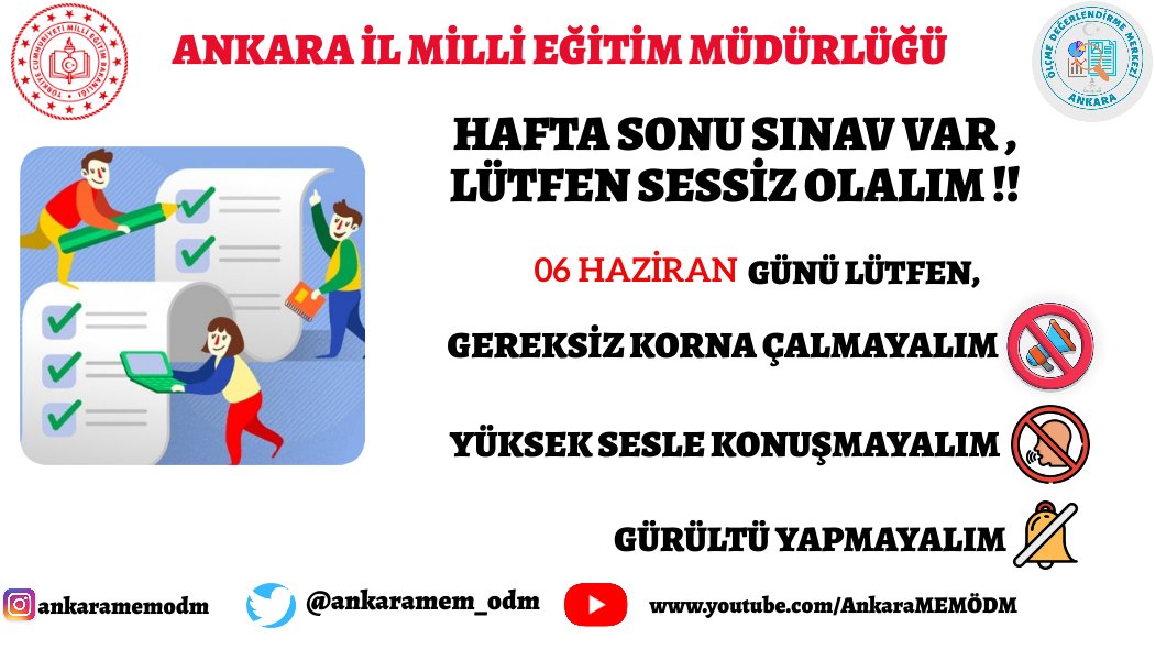 Bizim sınavımız var. Lütfen dikkat edelim... 🤲
<a href="/MemAnkara/">Ankara İl Millî Eğitim Müdürlüğü</a> <a href="/KeciorenMem/">Keçiören İlçe Milli Eğitim Müdürlüğü</a> <a href="/turanakpinar/">Turan AKPINAR</a> <a href="/Ayhanisik37/">Ayhan IŞIK</a> <a href="/sukrusahin4006/">Şükrü Şahin</a>
#lgs2021