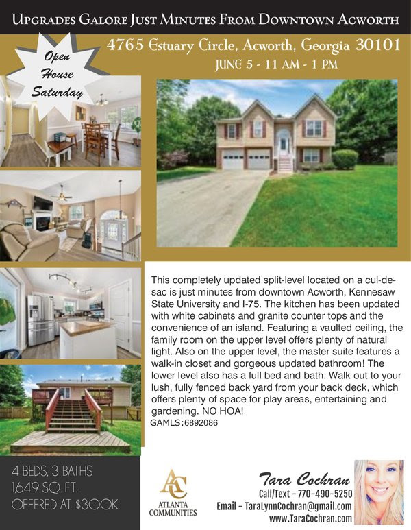 👀 for a home conveniently located to #DowntownAcworth #Kennesaw #LakeAllatoona #KennesawStateUniversity #RedTopMountain #LakePointe and I-75? Then come by my #OpenHouse Sat., anytime 11 AM-1 PM.
#TaraCochranRealtor #ThoroughbredRealEstateService #AtlantaCommunitiesCartersville