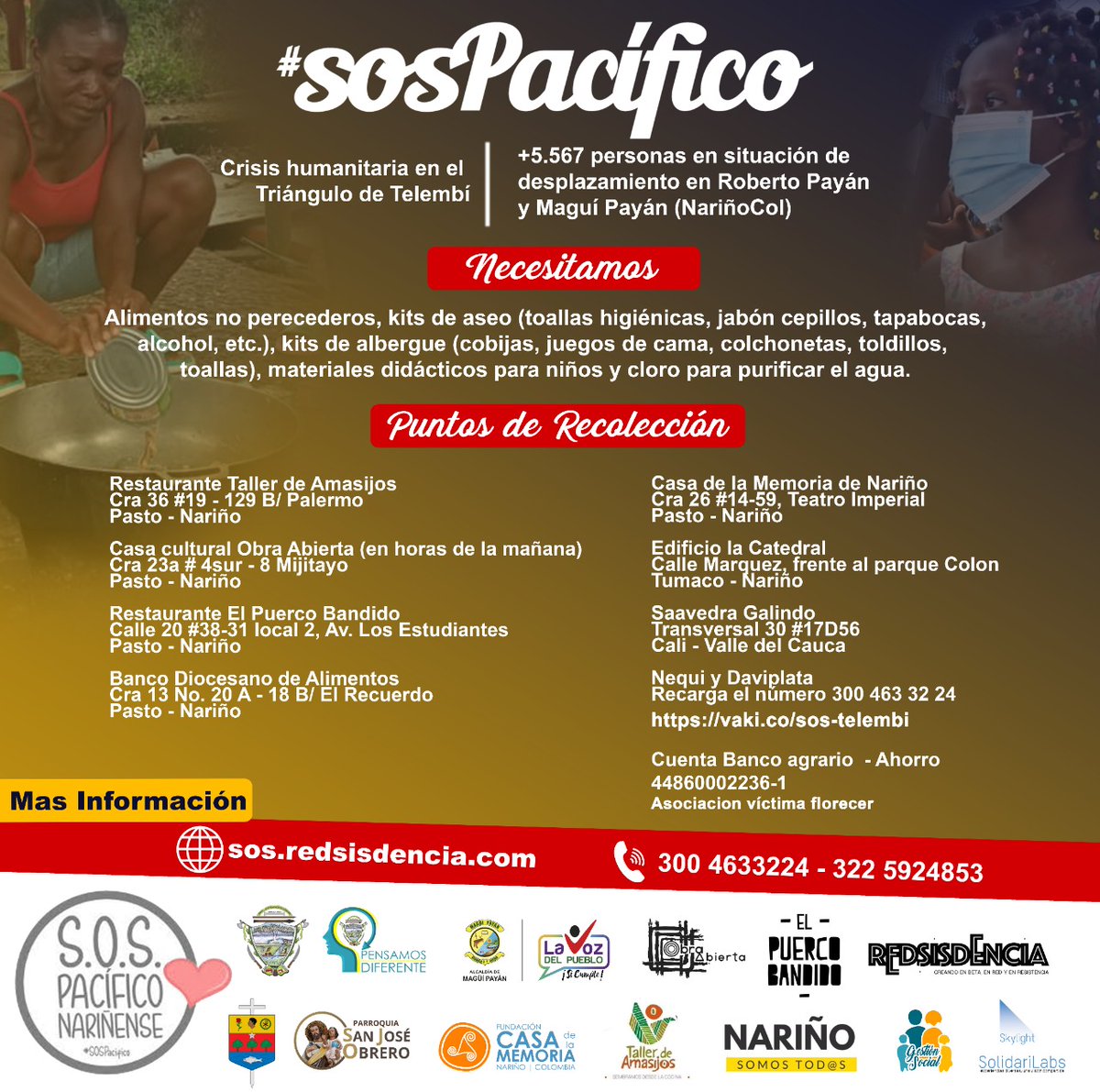 <a href="/WRadioColombia/">W Radio Colombia</a> Junto a las alcaldías de Roberto Payán y <a href="/AlcaldiaMagui/">Alcaldía de Magüí Payán</a>, varias organizaciones de la sociedad civil como  SOS Pacífico y <a href="/NarinoSomos/">Nariño Somos Todos</a> emprendimos esta campaña de ayuda humanitaria dirigida a la población desplazada y confinada. Su solidaridad es muy importante <a href="/JuanPabloCalvas/">Juan Pablo Calvás</a>