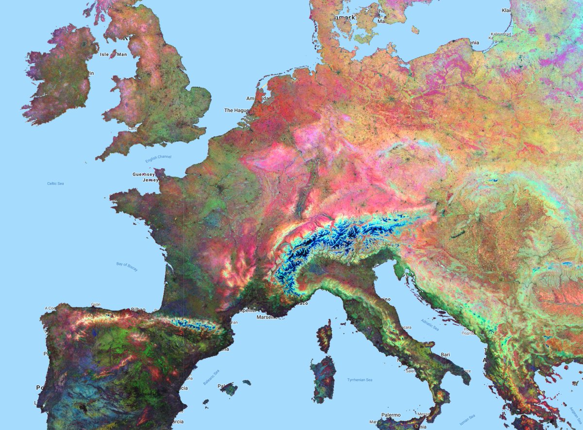 angelini75's tweet image. I always though that seasonal variation should be a good (and meaningful) covariate for #DigitalSoilMapping. So I estimated the standard deviation of NDVI 2000-2021 for each season (Red = DecJanFeb, Green = MarAprMay, Blue = SepOctNov) @yabellini