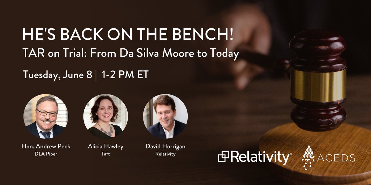 Join us for a mock #ediscovery hearing on technology assisted review (TAR) where the Honorable Andrew J. Peck will be presiding. Alicia Hawley &amp; David Horrigan will debate the merits and usage of #TAR at this virtual event. Register today! <a href="/RelativityHQ/">Relativity</a> 
 eventbrite.com/e/tar-on-trial…