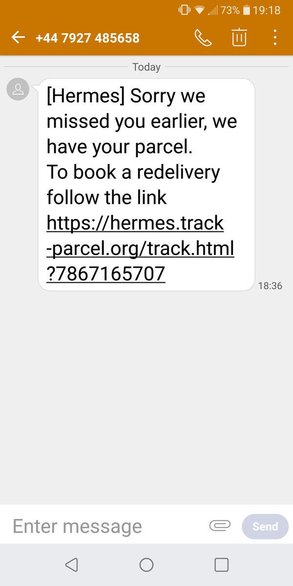 DrSamPT's tweet photo. @Hermesparcels 
Hi. I just received the below text message. Looks like a scam. Thought you guys should know. https://t.co/0WqOb5Vybm