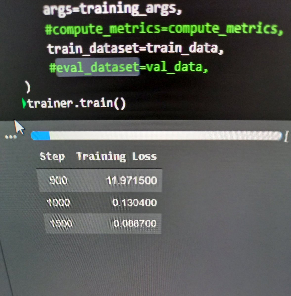 mrm8488's tweet image. Loss for 1500 steps fine-tuning #ByT5 (Small) on Tweets QA w/ the @huggingface Trainer API!