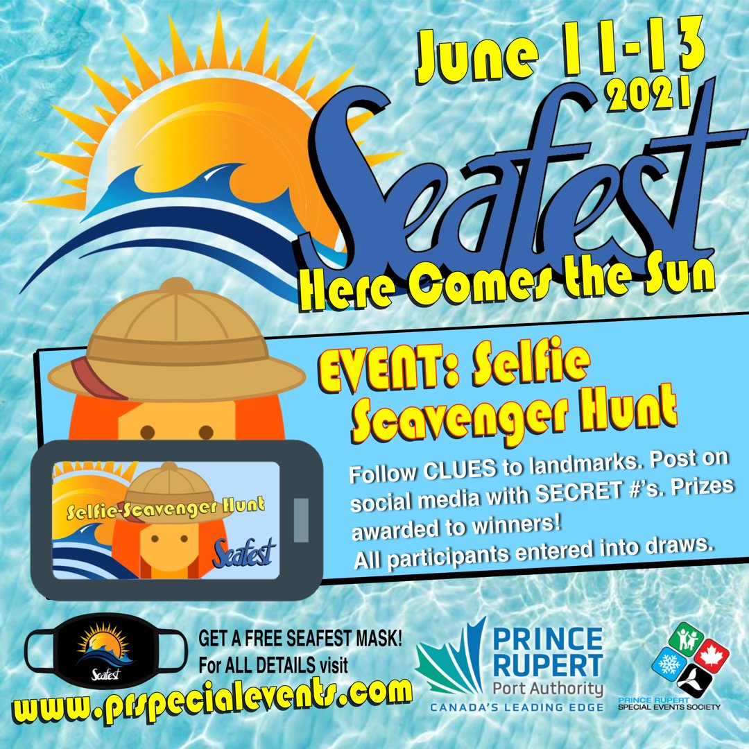 Solve clues that lead to various landmarks in the Prince Rupert area. Take selfies with your family bubble at all the different landmarks, upload them with the required hashtags to Facebook or Instagram and have the opportunity to win some great prizes! #selfie #seafest 🔎🕵️🌤️