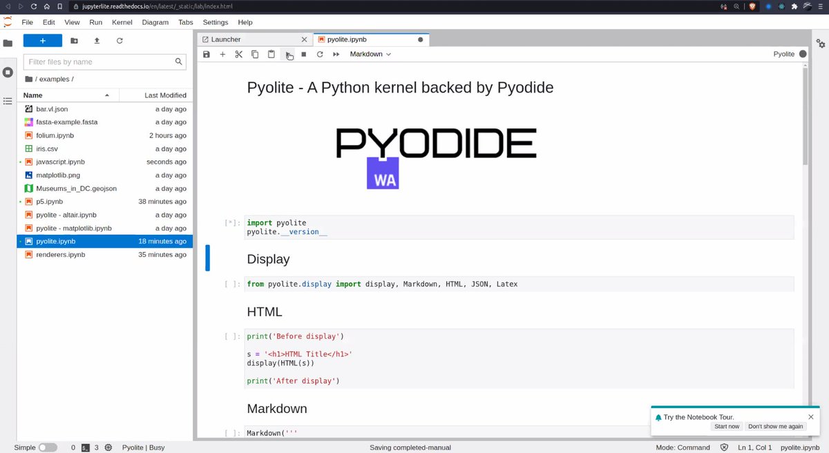 PyDataParis's tweet image. And now Jeremy Tuloup @jtpio is presenting #JupyterLite, a JupyterLab distribution using a @pyodide-based Python kernels, using the local browser storage as a file system.