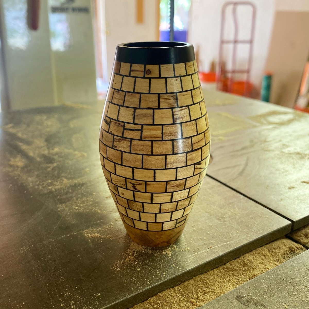 Last mini vase left in the series! This one is made in spalted maple, black veneer and ebony. Also moving out of my New Mexico shop and headed to Kansas City, Missouri. Been a fun time out in the Southwest! On to a new adventure in the Mid West…