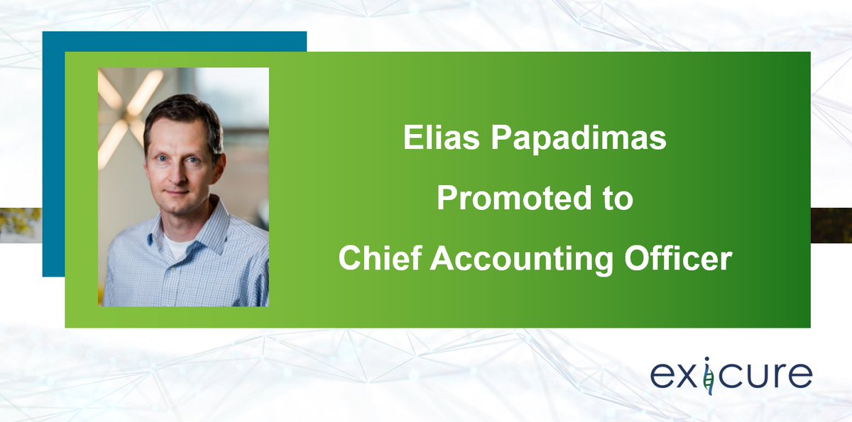 exicure's tweet image. Exicure is excited to announce that Elias Papadimas has been promoted to Chief Accounting Officer. Congratulations Elias! #DigitalDrugDesign