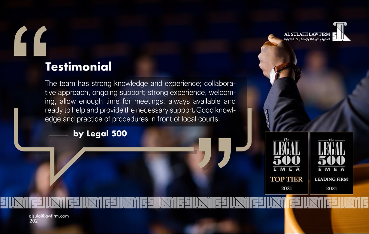 Al_Sulaiti_Law's tweet image. We are delighted to share with you our #Legal500 testimonial.

#Al_Sulaiti_Law_Firm
#Dispute_Resolution 
#lawyers