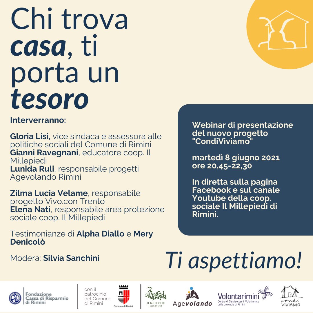 Agevolando1's tweet photo. Al via a #Rimini il nuovo progetto #CondiViviamo promosso da #Agevolando con #IlMillepiedi coop. sociale per promuovere coabitazioni tra famiglie e giovani. Martedì 8 giugno un webinar per presentarlo. https://t.co/QOXp9m8Lhy