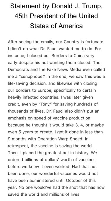 DailyCaller's tweet photo. NEW: Trump statement on Fauci:

"What did Dr. Fauci know about gain-of-function research and when did he know it?" https://t.co/7N475vqdVb