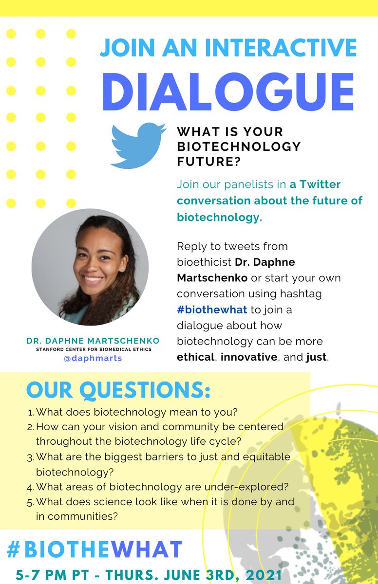 Hey Twitterverse 🌎! Let's kick off 🚀 #BioTheWhat -- Our aim with this virtual event is to create a space for dialogue between community members on the topic of just and ethical biotechnology development. Joined here by @JusticeToshiba <a href="/bioCURIOUSlab/">bioCURIOUS</a> <a href="/HankGreelyLSJU/">Hank Greely</a> and YOU