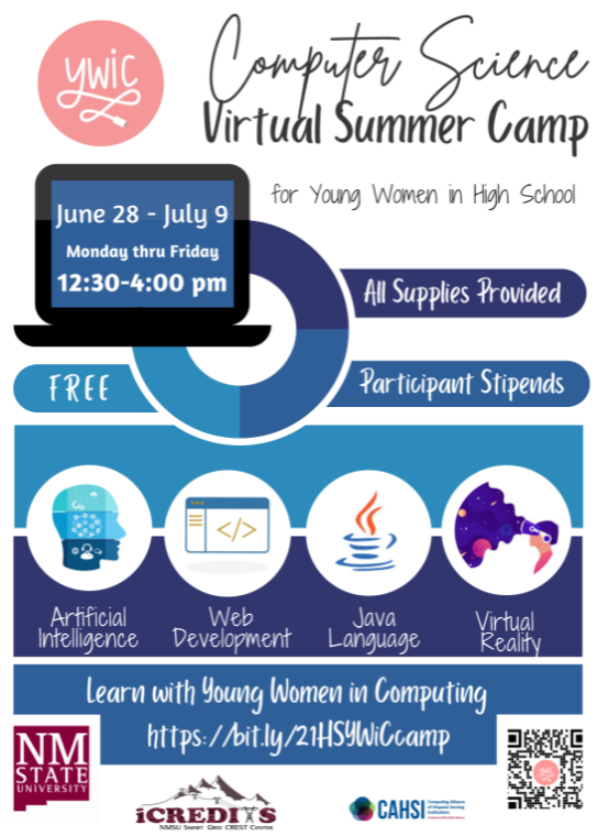 June 28 - July 9 
Join other high school girls to sharpen your STEM skills and bond with new friends, all online with <a href="/nmsu/">New Mexico State</a> Department of Computer Science's Young Women in Computing <a href="/YWiC_NMSU/">YWiC</a>
NO COST TO PARTICIPATE! ALL SUPPLIES PROVIDED FREE OF CHARGE. 
buff.ly/3fPSWV0