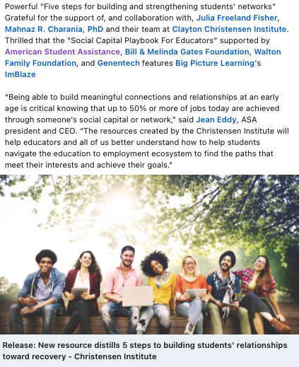 AndrewFrishman's tweet photo. Thrilled! "Social Capital Playbook For Educators" supported by @ASA_org @gatesfoundation @WaltonFamilyFdn @genentech features @bigpiclearning @ImBlazeBPL Grateful for the support&amp;   collaboration @juliaffreeland @mahnazcharania &amp; team at @ChristensenInst 

https://t.co/hyc16MOjYm https://t.co/FzGaqJ0P7A