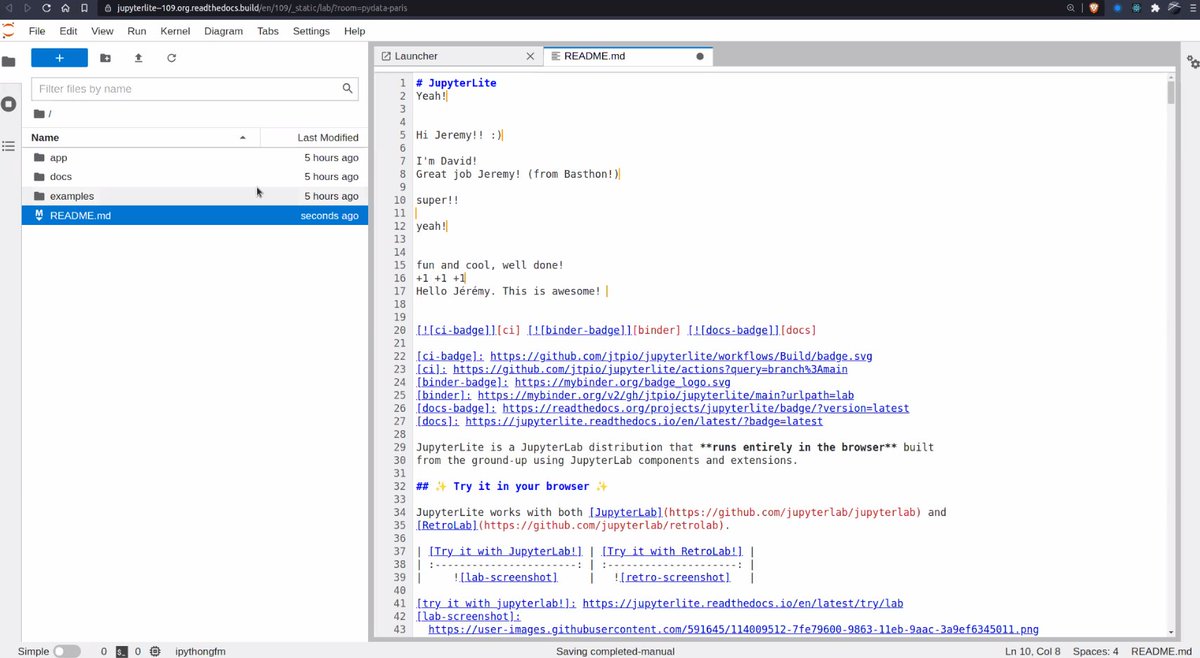 PyDataParis's tweet image. Real-time collaboration and collaborative editing in #JupyterLite powered by #yjs thanks to the latest advances in #JupyterLab!

@jtpio on fire!