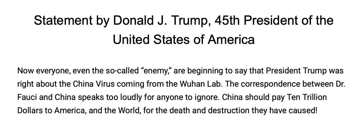 Former President Trump says China should pay "Ten Trillion Dollars" for how the Communist country mishandled the Coronavirus, which has caused untold damage worldwide.