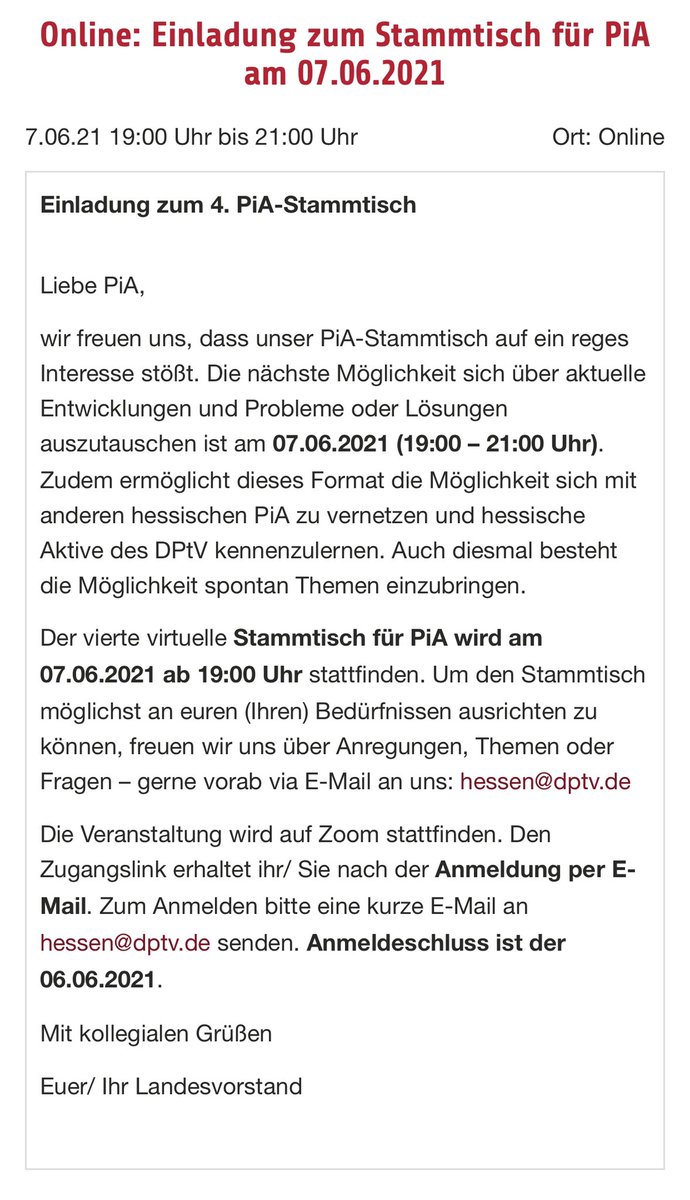 Nicht vergessen der nächste #PiA Stammtisch #Hessen am 07.06.2021 ab 19:00 Uhr #Austausch #Information #Berufspolitik #Nachwuchs #Psychotherapie @DPtVfuerJungePT @DPtVWahlHe