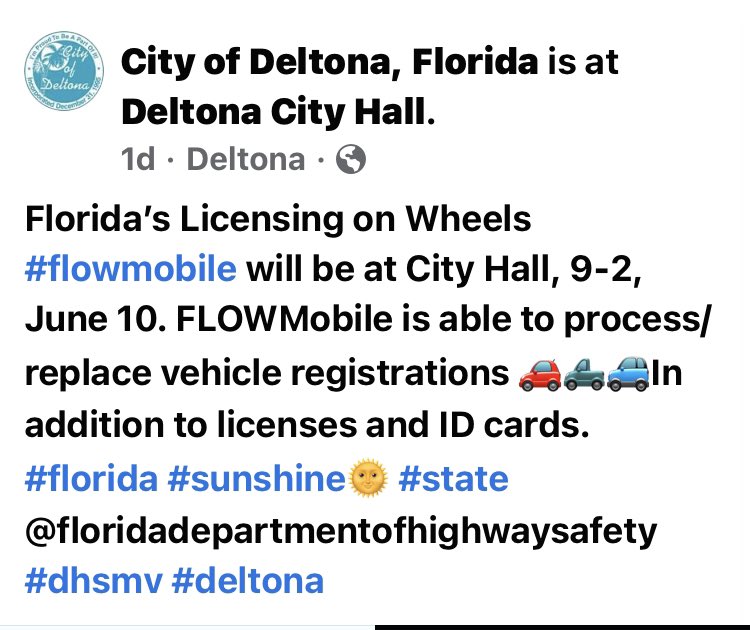 mr_sabatino's tweet image. Need an ID? Need a DL? Having a hard time getting to a DMV office? This is a great chance to obtain basic identification that can be used for employment, college apps, creating credit, voting, etc 
@CityofDeltona and @FLHSMV #flowmobile June 10th Deltona City Hall 9-2