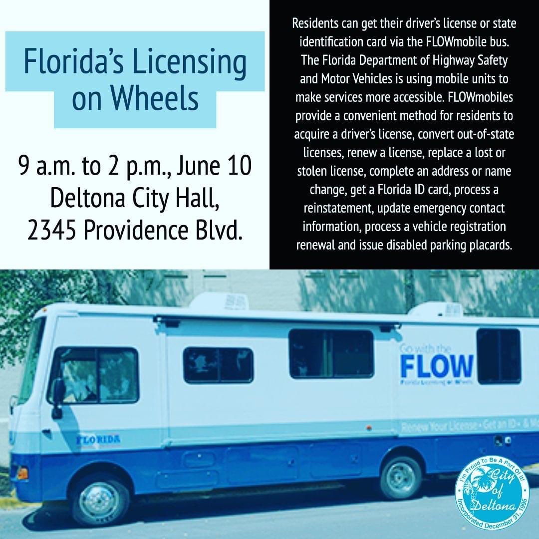 mr_sabatino's tweet image. Need an ID? Need a DL? Having a hard time getting to a DMV office? This is a great chance to obtain basic identification that can be used for employment, college apps, creating credit, voting, etc 
@CityofDeltona and @FLHSMV #flowmobile June 10th Deltona City Hall 9-2