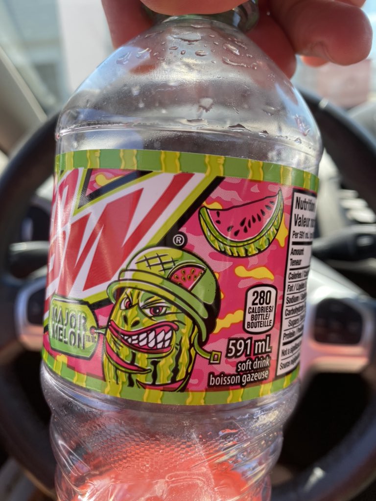 hotdang_ca's tweet photo. @MountainDew tried out new flavour “Major Melon,” hoping for a refreshing watermelon taste; what I received was what I can only describe as the used bullet rounds of said Major’s battles. Perfect drink potential. Just cut out the “kick” in the aftertaste. https://t.co/QeybHBGbz8