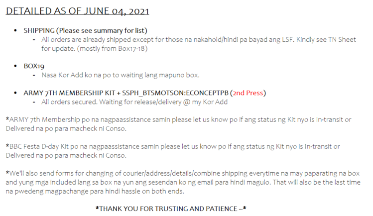 StrawVerrySPH's tweet photo. MASS UPDATE as of May 14, 2021

Please read carefully below ✨

Thank you for your patience and understanding 🤗💜

Don't hesitate to DM us if you have any concerns/questions.

#StrawVerryUpdates 🍓 https://t.co/wGU36feKiX
