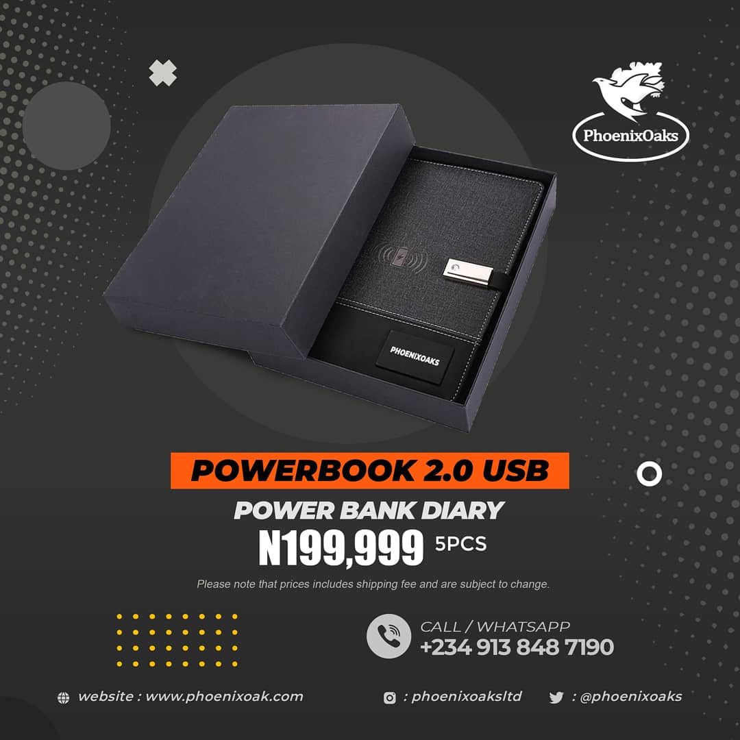 phoenixoaks's tweet photo. Take your Business to the next step. Order/Print Powerbook 2.0 USB Power Bank Dairy and many more with us. 
.
. 
Order online or WhatsApp/Call us: +234 913 848 7190
.
#Phoenixoaks #PhoenixBranding #Branding #Solutions #Marketing #Designs #Websites
#SmallBusiness https://t.co/Ge3uWICWbS