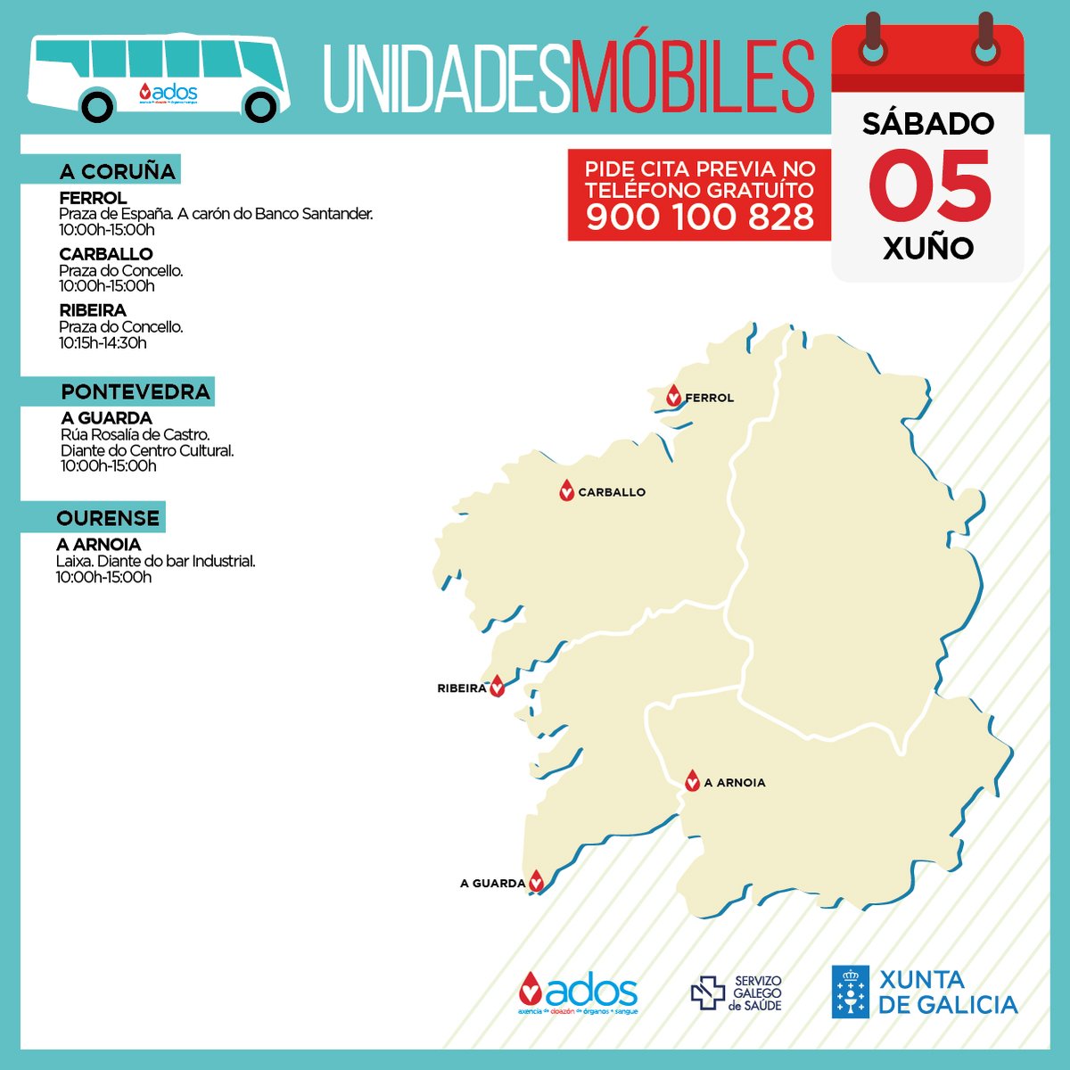 💞 Unha doazón = salvar ata 3 vidas. Un xesto tan sinxelo e que non custa nada facer. Só tes que subir ao bus da solidariedade!
-
💞 Una donación = salvar hasta 3 vidas. Solo tienes que subir al bus de la solidarida!

📞 900 100 828
#ÚnenosOSangue #súmateaonosoequipo