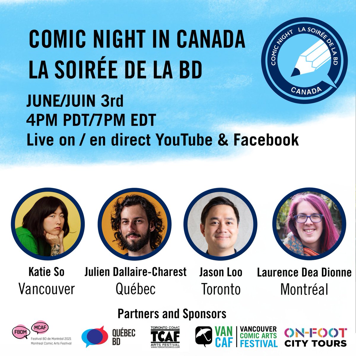TorontoComics's tweet photo. 🎉TONIGHT LIVE ON FACEBOOK/YOUTUBE: The final #ComicNightInCanada showdown! 🥊@hamjam_sandwich (Vancouver) takes on Jullian Dallaire-Charest (Québec), and @Rebel_Loo (Toronto) is up against @laurencedeaart (Montréal).😄Join us at 7 PM ET and root for your favs! #CanCAF #TCAF https://t.co/1nRw1qNQql