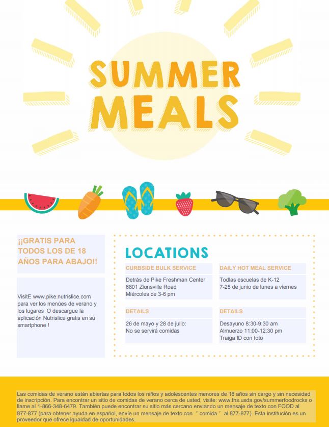Join us NEXT WEEK for daily hot breakfast &amp; lunch at any one of our K-12 school buildings! Meals are free to anyone 18 &amp; under. Children do not need to be Pike Township students and do not need to sign up to participate! 😎

Breakfast 8:30-9:30 am
Lunch 11:00-12:30 pm
