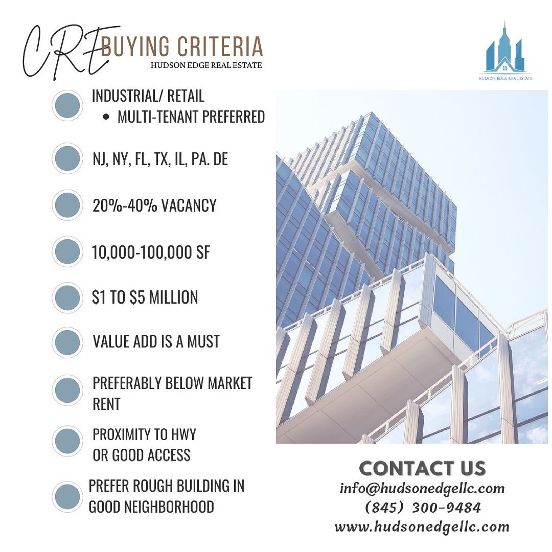 Hudson Edge Real Estate is ready to buy your value add property at a fair market value and with a quick close. 

Email us at info@hudsonedgellc.com.
#commercialrealestate #realestateinvestor #buyingcriteria
