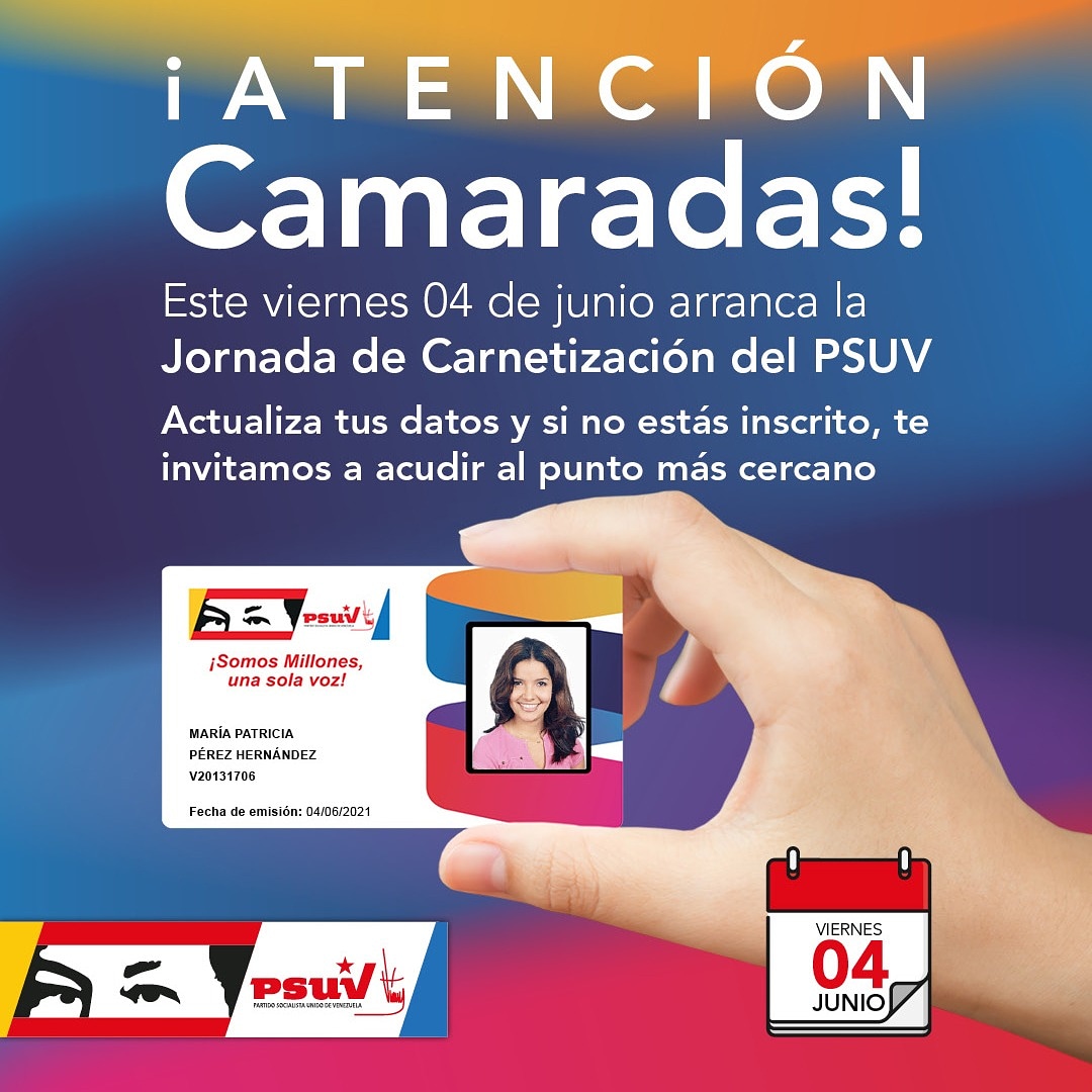 ¿Extraviaste tu carnet del PSUV? En esta jornada, tienes la oportunidad de recuperarlo y actualizar tus datos. 

Acude al centro de registro más cercano a tu lugar de residencia. 🚩🇻🇪

Este fin de semana, la militancia del Partido desplegada en todo el territorio nacional.