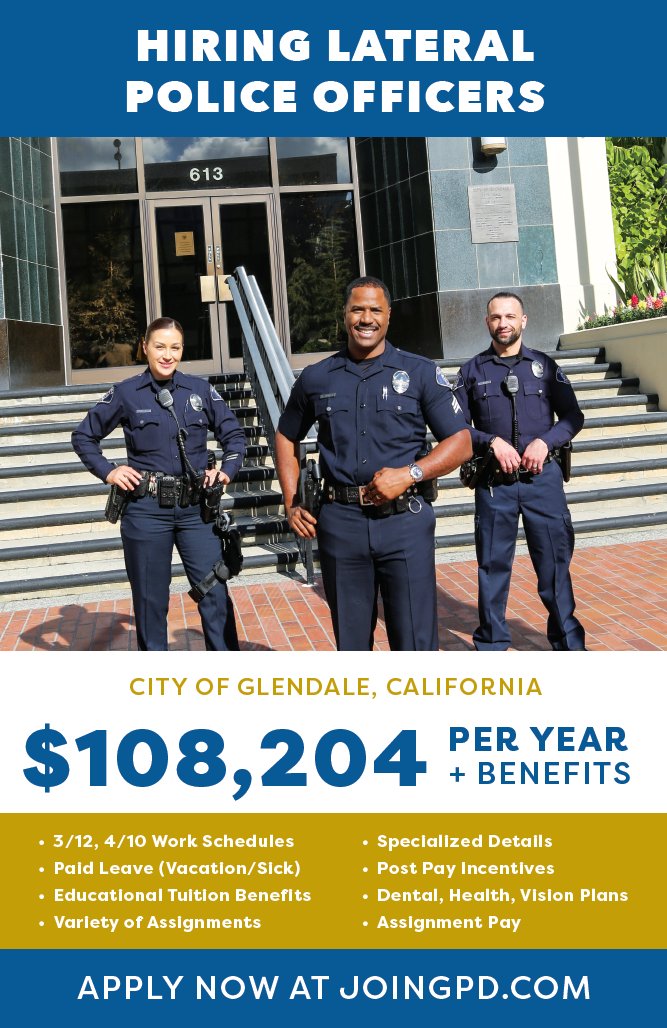 GlendalePD's tweet photo. GPD is hiring! Visit https://t.co/QEhfD5IhR2 to apply !👮‍♀️🚓
#joinGPD #lateralofficers #gpdrecruits #hiring #myglendale #glendaleca https://t.co/jYrqoxCttQ