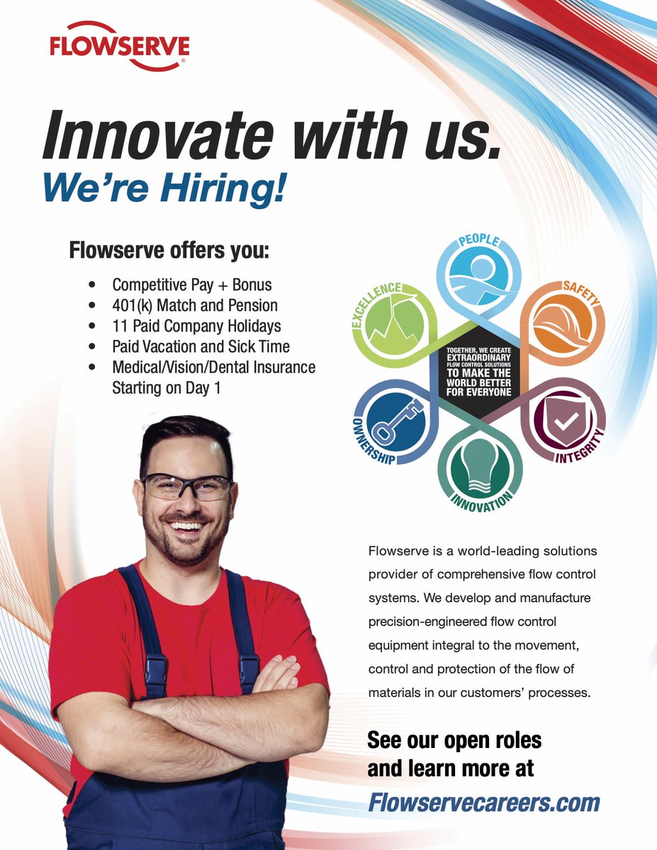 Flowserve in Cookeville IS HIRING❗

✅ Competitive Pay
✅ Retirement Options
✅ Paid Vacation, Sick Leave, and Holidays
✅ Health Insurance

Check out open positions at flowservecareers.com