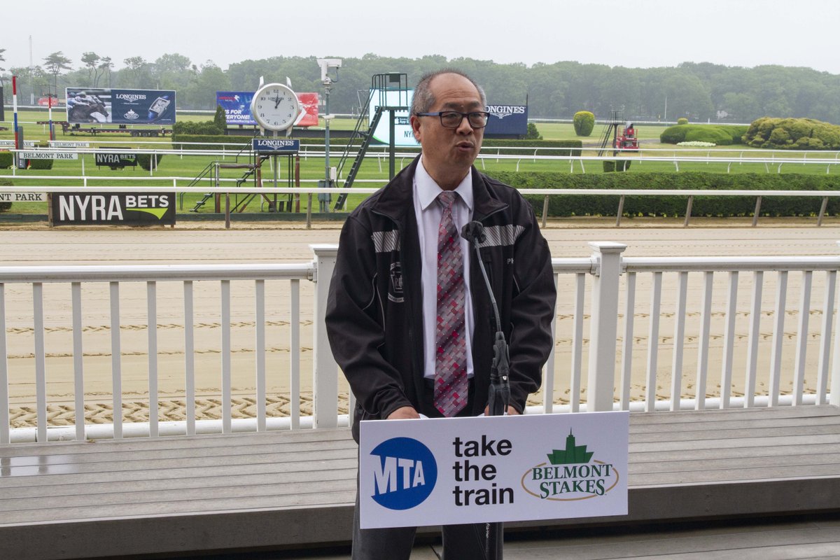 LIRR Pres Phil Eng speaking at Belmont Park.