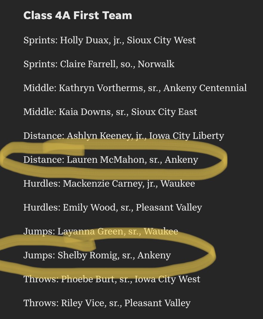 Big shoutout to Lauren McMahon (distance) and Shelby Romig (jumps) for being selected to the Des Moines Register All 4A all state team.