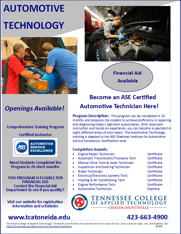 TCATOneida's tweet image. Looking to become ASE certified? Our Automotive Technology program still has openings for the Mid-Trimester start date in July! Call 423-663-4900 or visit our website to apply today!
