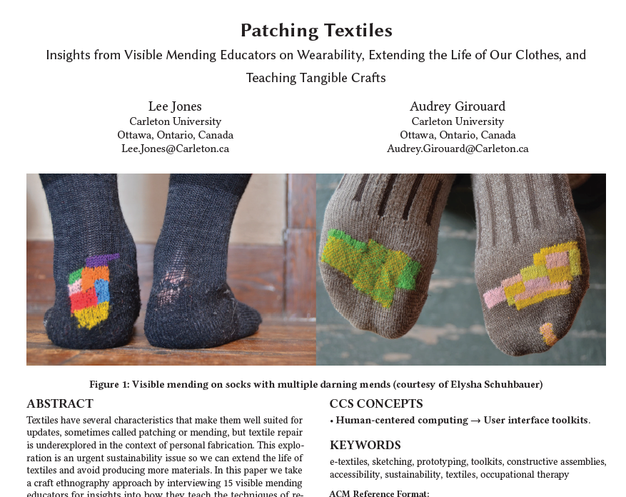 Audreygirouard's tweet image. So proud of my PhD student Lee Jones, as we received an honourable mention at @acm_cc 2021 for our (her, really) paper entitled:
Patching Textiles: Insights from Visible Mending Educators on Wearability, Extending the Life of our Clothes, and Teaching Tangible Crafts