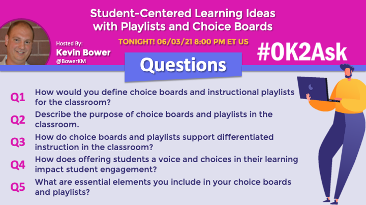 SFLOK2Ask's tweet photo. Our next #edchat #twitterchat from @TeachersFirst, 
Student-Centered Learning Ideas with Playlists and Choice Boards, is in 20 MINUTES at 8 PM EDT.

👉  Use hashtags #OK2Ask and #TeachersFirst to join our chat hosted by @BowerKM.

#edtechchat 
#edtech
#teachertwitter https://t.co/BxTxPxpRAj