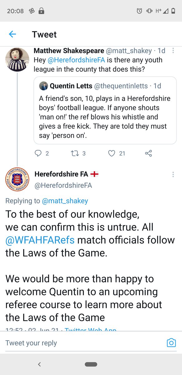 A complete bin of a person called Quentin Letts claims boys are being penalised at a Herefordshire children's football league for saying 'man on' - he says they are told they must say 'person on'.

Someone called Matthew Shakespeare challenges him on this and tags in Herefordshire Football Association.

Herefordshire FA respond to say this is - to the best of their knowledge - completely untrue and invites Quentin to attend an upcoming football referee course.

Quentin Letts is clearly an arsehole.