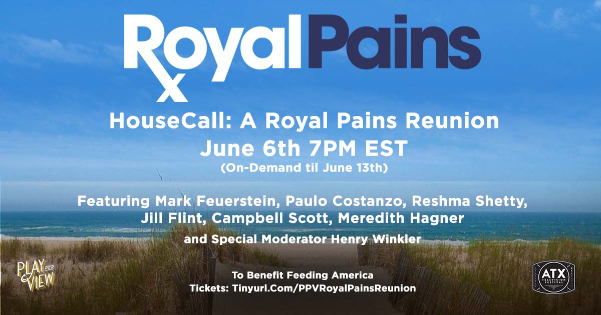 The HankMed team is reuniting for a Royal Pains Reunion on June 6th. Join the cast and crew for a live read of the series finale and Q&amp;A to raise money to help @feedingamerica w/ <a href="/ATXFestival/">ATX TV Festival</a> and <a href="/Play_PerView/">Play-PerView</a> !

Tinyurl.com/PPVRoyalPainsR… for viewing links &amp; digital raffle tickets