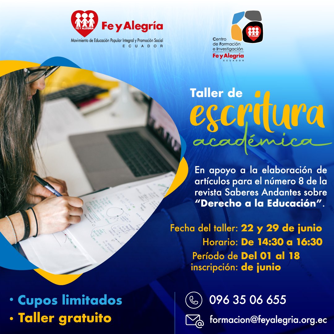 cfifyaec's tweet photo. TALLER DE ESCRITURA ACADÉMICA: Para acompañar la escritura de artículos para el 8vo número de la Revista Saberes Andantes, el CFI les anima a participar en los talleres de escritura del 22 y 29 de junio. 
Formulario de inscripción: https://t.co/gHkjHq7svF https://t.co/vdKoYZZ58U