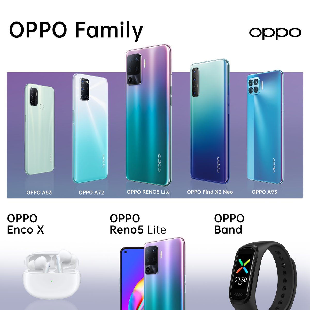 OPPOMexico's tweet photo. ¡Conoce a la familia OPPO! 😍 Cada dispositivo tiene un estilo único para ser parte de tu día a día. ☀️ 

¿Cuál es el que más te gusta? 📲
  
#OPPOBand ⌚
#EncoX 🎶
#SerieOPPOReno5 🤳🏻 https://t.co/KXdHzsGoKU