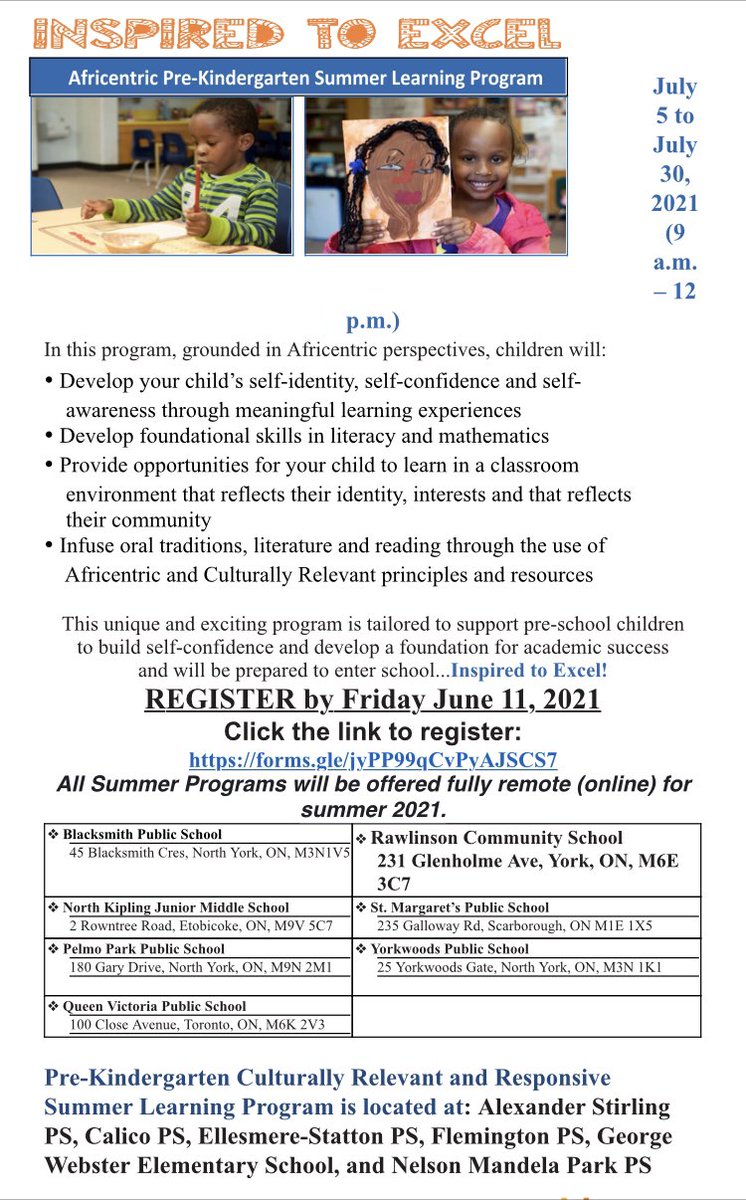 Rawlinson will be hosting a Pre-Kindergarten Culturally Relevant and Responsive Summer Learning Program. The deadline to apply has been extended to June 11, 2021. Please register at: forms.gle/jyPP99qCvPyAJS… <a href="/tdsb/">Toronto District School Board</a> <a href="/AHENnet/">AHEN-TBEN</a> <a href="/tdsbAfricanHM/">AfricanHeritage365</a> <a href="/EarlyYearsTDSB/">TDSB Early Years</a> <a href="/EYIntervention/">Early Years Intervention TDSB</a>