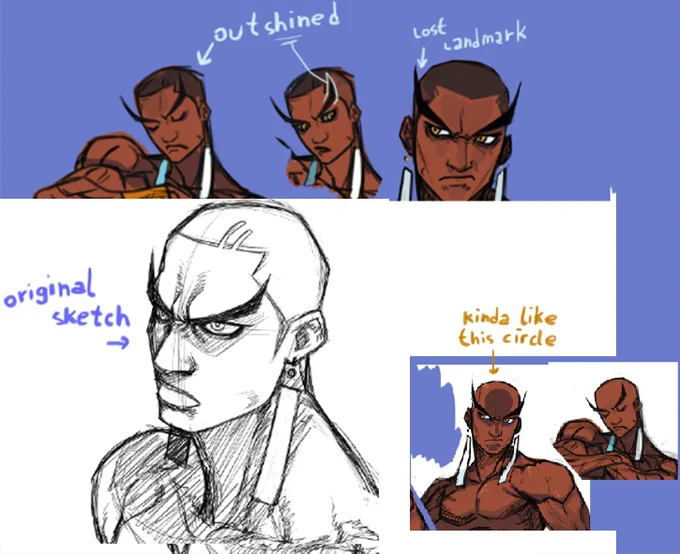 I have iterated a lot on my character, I wanted to try to leave him with hair like the initial sketch, but the big eyebrow was a good landmark and it was kind of being obscured.
Tried doing a circle shadow and kinda like it... 