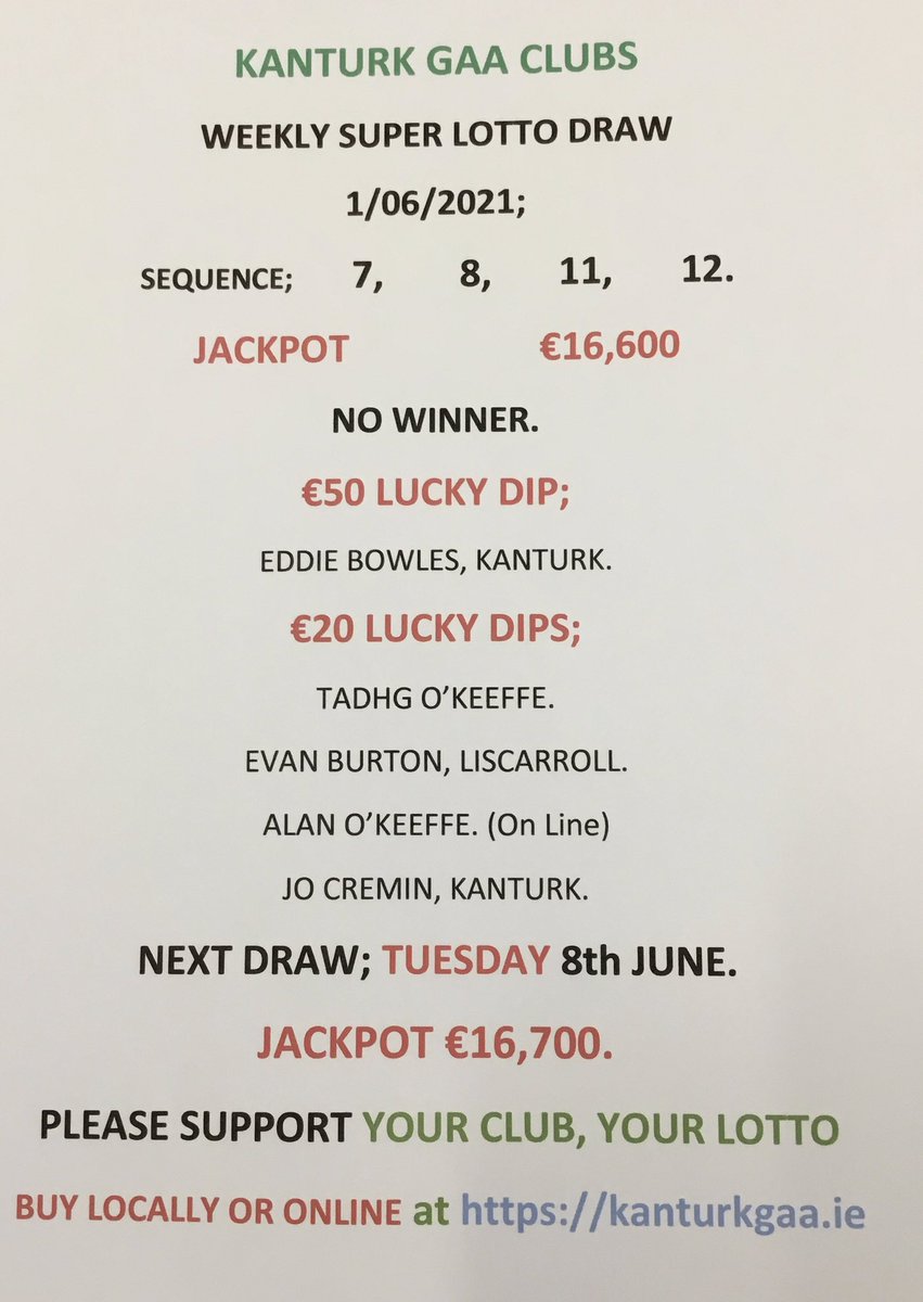 KanturkGAA's tweet photo. Kanturk GAA lotto results 1st June, 2021. Next Jackpot €16,700. Tickets available locally or online at https://t.co/YTxVzaliTL https://t.co/u95DWsc9eH