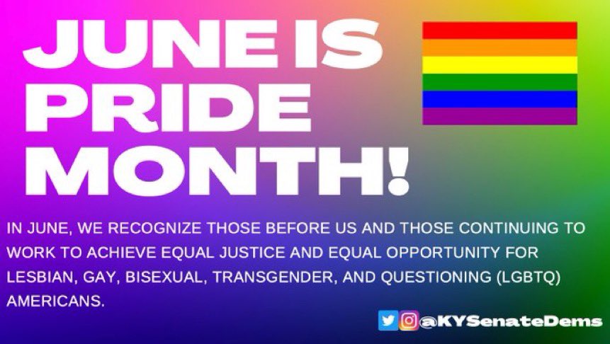 Today is the start of Pride Month! I hope this year KY joins the 20 states that ban conversion therapy and prohibit basic discrimination against LGBTQ+ in housing, accommodations, and employment. After all, KY law says you can’t even be fired for being a smoker. #PrideMonth2021