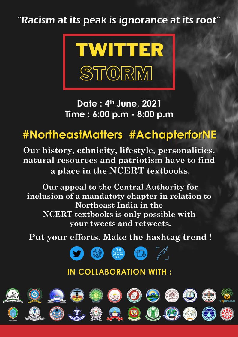 NortheastToday's tweet photo. “Racism springs from ignorance”. 

This campaign on Twitter is initiated by numerous organisations from Northeastern states making an appeal to the Govt. of India for inclusion of a mandatory chapter on Northeast India in the NCERT Textbooks. 

#NortheastMatters #AchapterforNE https://t.co/XesWbm5BFQ