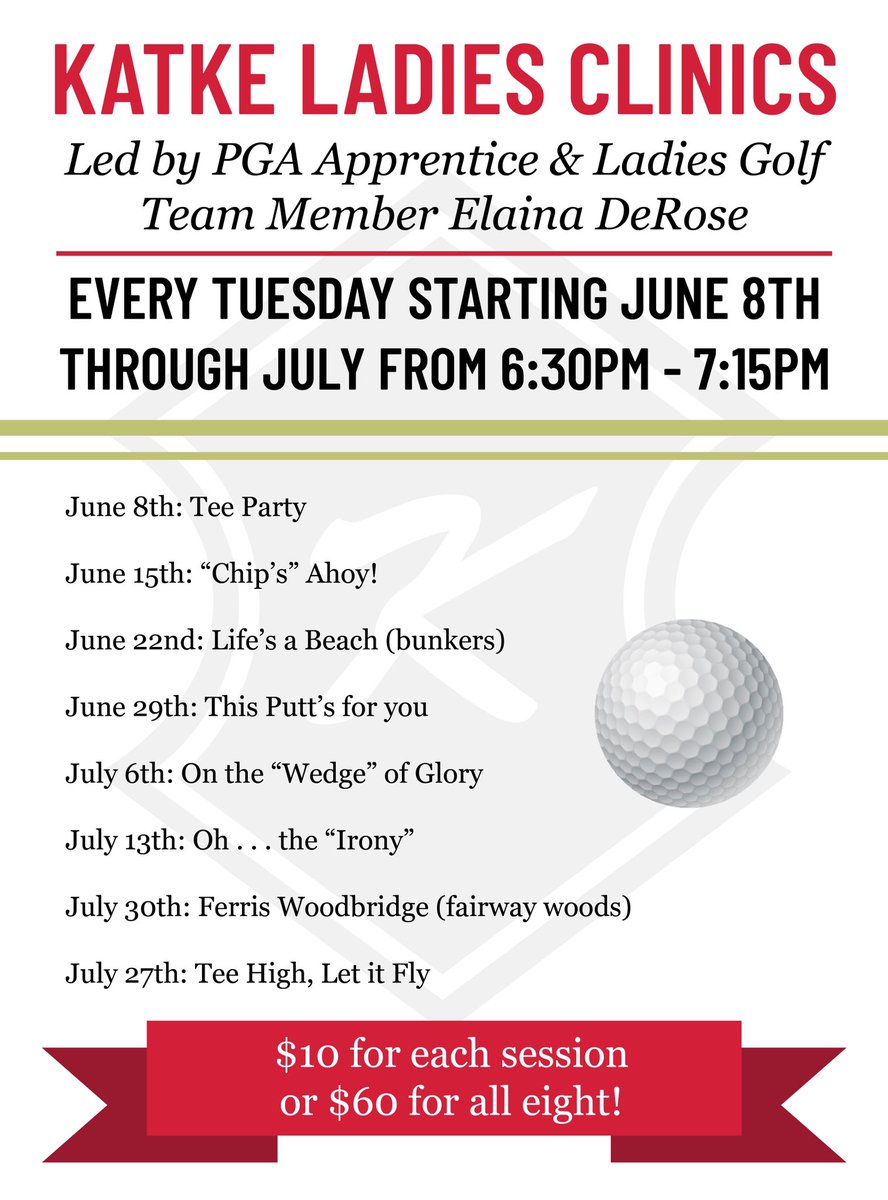 Katke’s ladies clinic is back!🤩🎊 
Join us starting June 8th for a tee party.✨🏌️‍♀️ 
Email us at katkegolfcourse@ferris.edu or call us at (231)591-3765 for more information on how to sign up!⛳️
.
.
.
#katkegolf#ferrisstate#teeparty#golfing#summergolfclinics